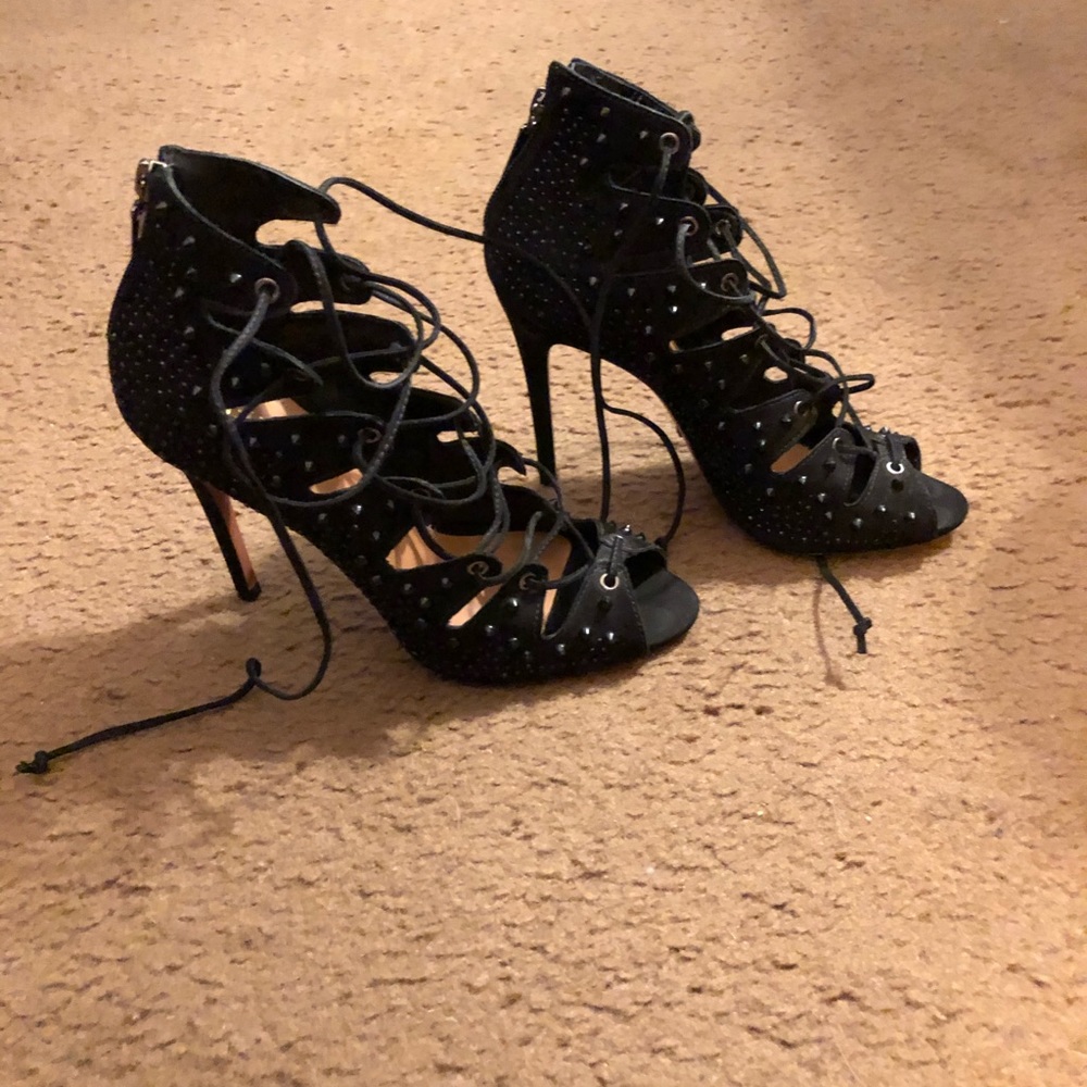 Schutz Suede Lace Up Studded Heeled Sandals, Sz 10 - Picture 3 of 8